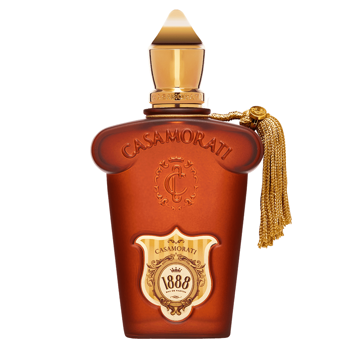 100ml frosted reddish-brown bottle with gold accents, a gold tassel, and a pointed gold crown cap.