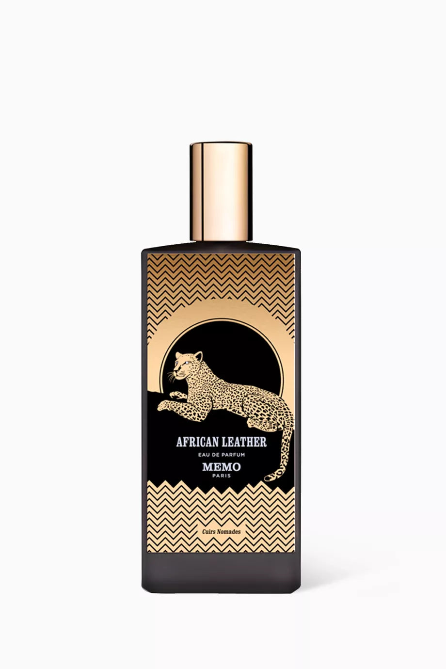 A African Leather by Memo Paris 75ml fragrance bottle with a black label featuring gold and white text, and an image of a leopard.