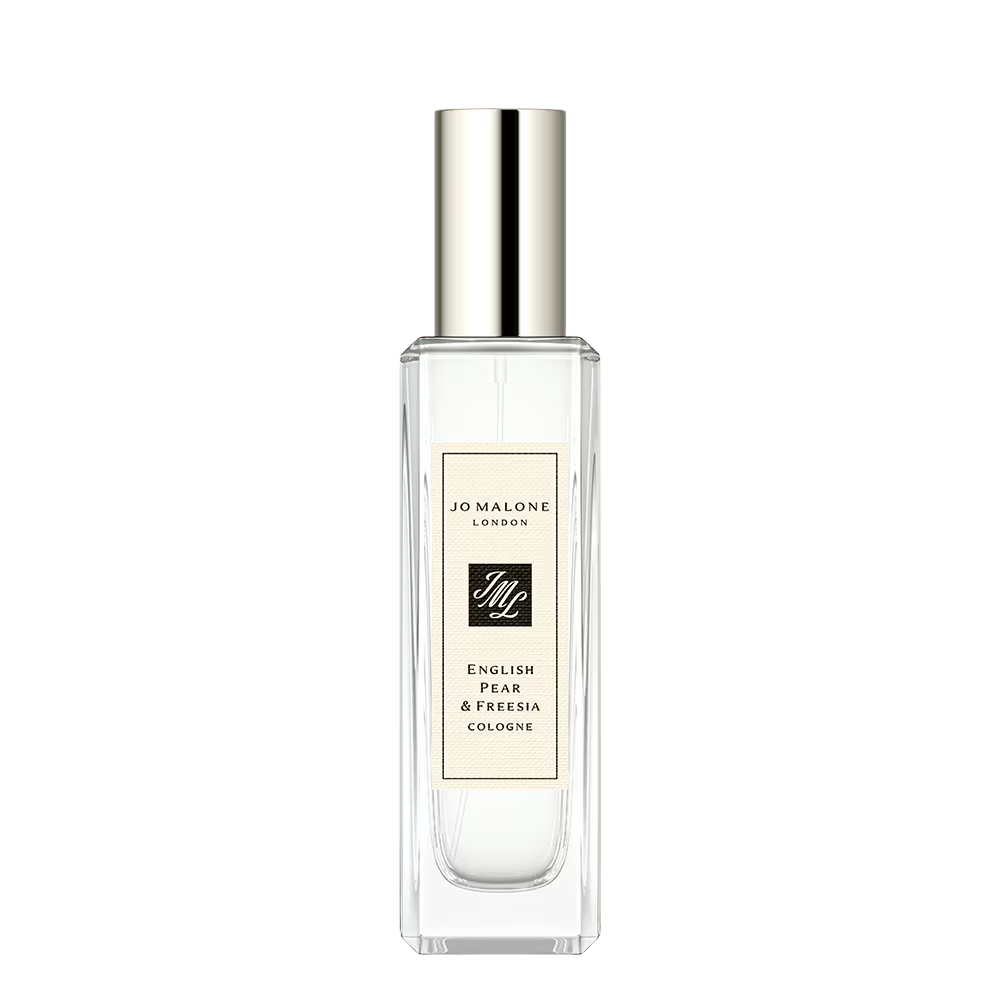 Jo Malone English Pear & Freesia cologne bottle on a white background