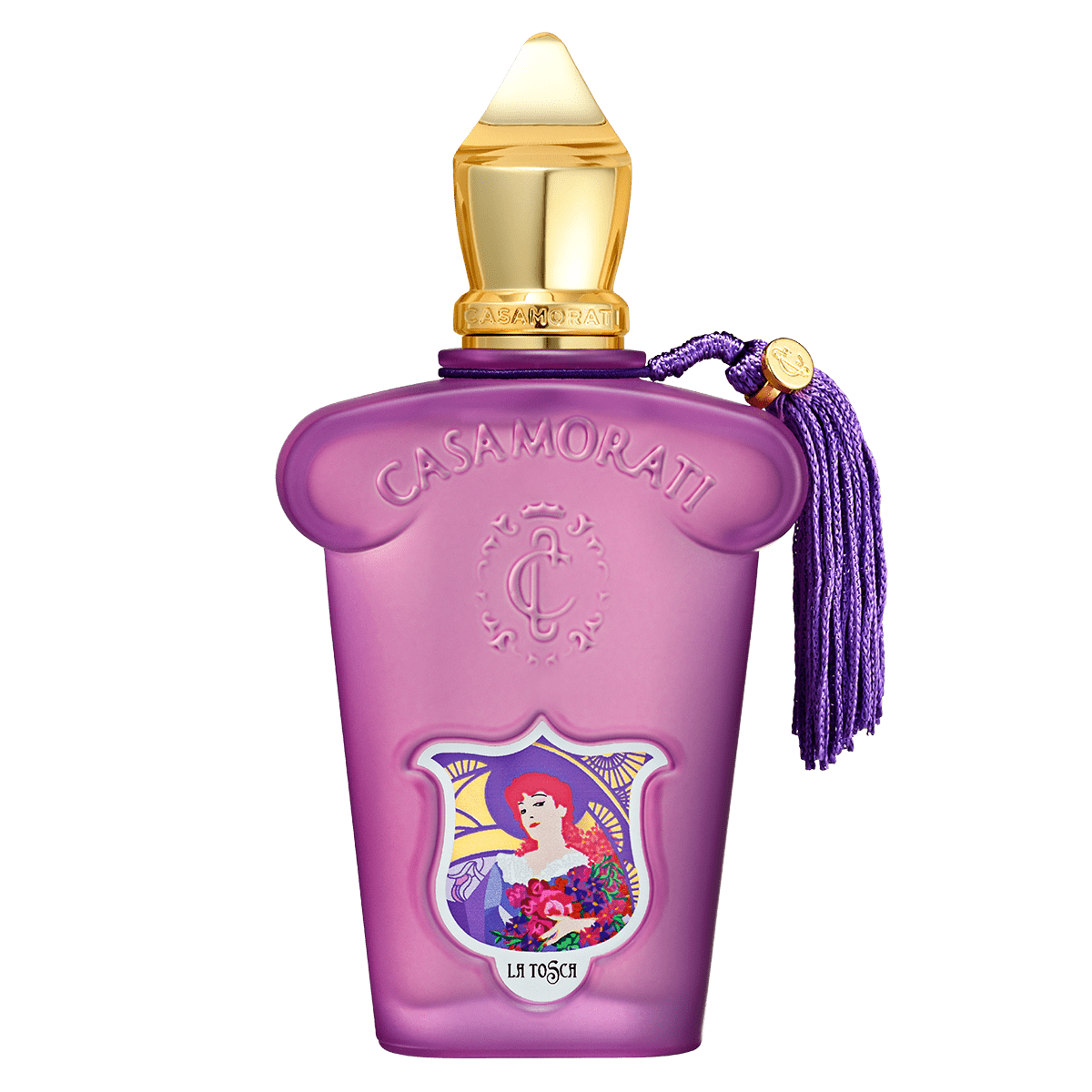 A purple bottle of Casamorati La Tosca 100ml perfume with an ornate design, a gold cap, and a purple tassel.