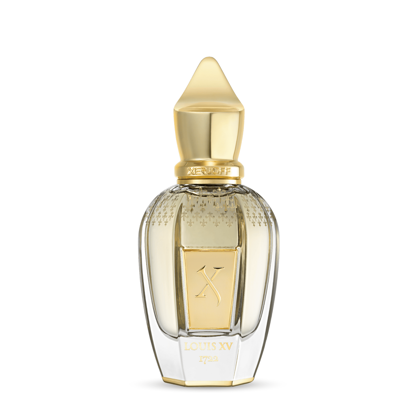 Louis XV by Xerjoff. Perfume bottle with gold cap and clear body on a white background