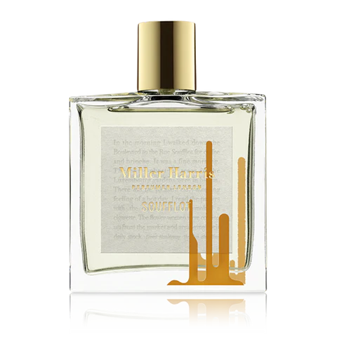Miller Harris Soufflot perfume bottle with gold cap and label on a white background