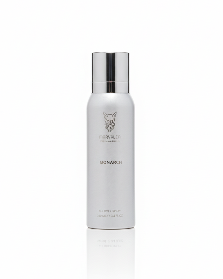 White bottle with silver cap on a white background. It's an all over body spray for hair and body, called Monarch by Marvalea