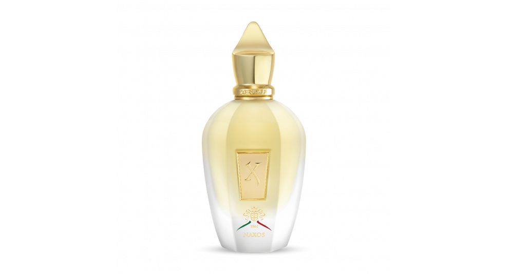 A bottle of Naxos perfume by Xerjoff 100ml with a clear, golden liquid visible and a decorative cap.