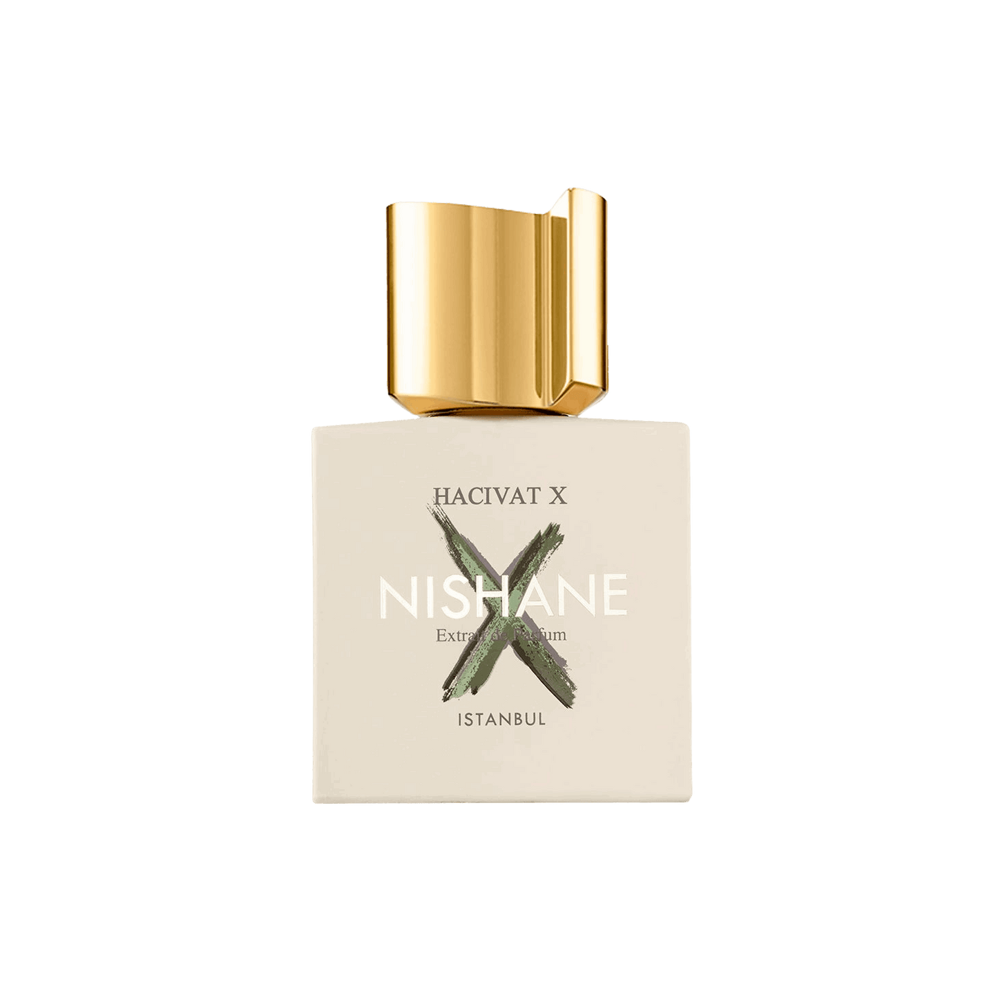 100ml Square cream bottle with a large green "X" behind the Nishane logo and a sculptural gold cap.
