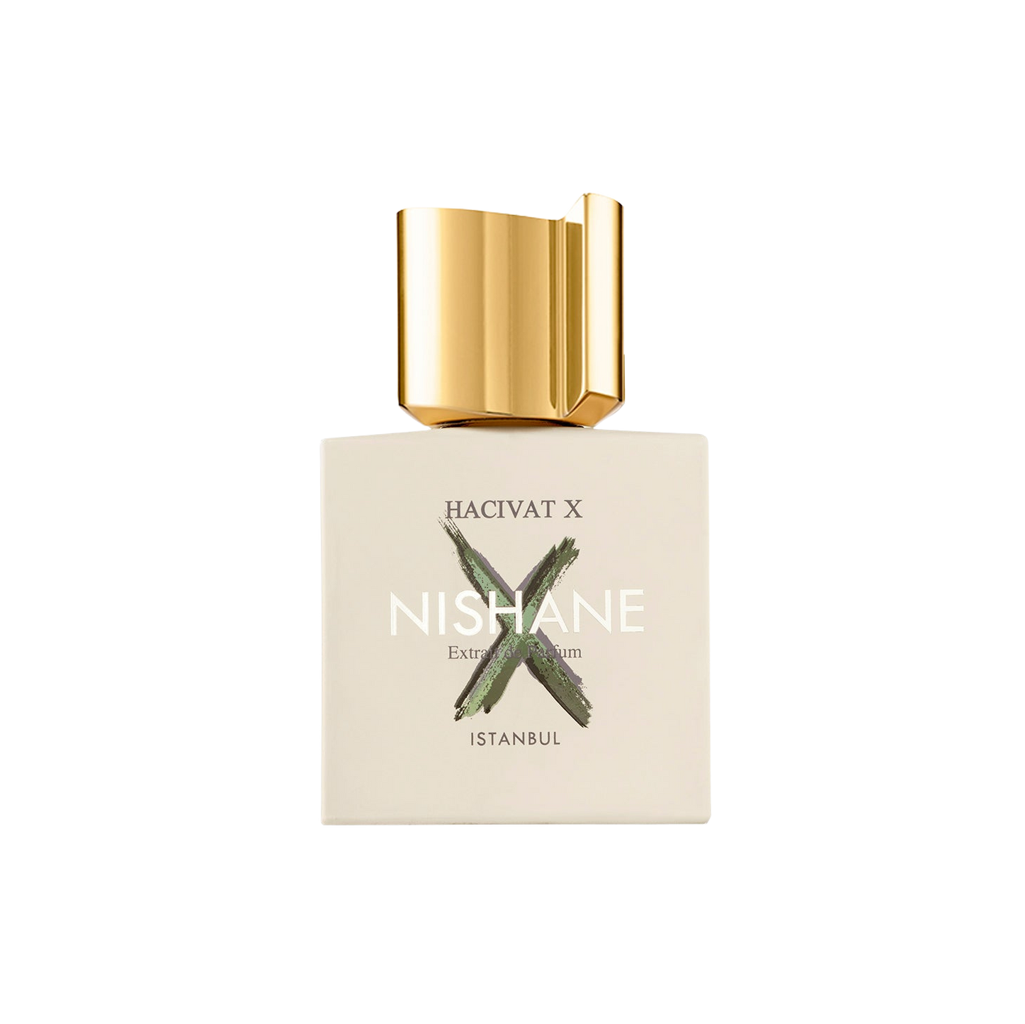 100ml Square cream bottle with a large green "X" behind the Nishane logo and a sculptural gold cap.