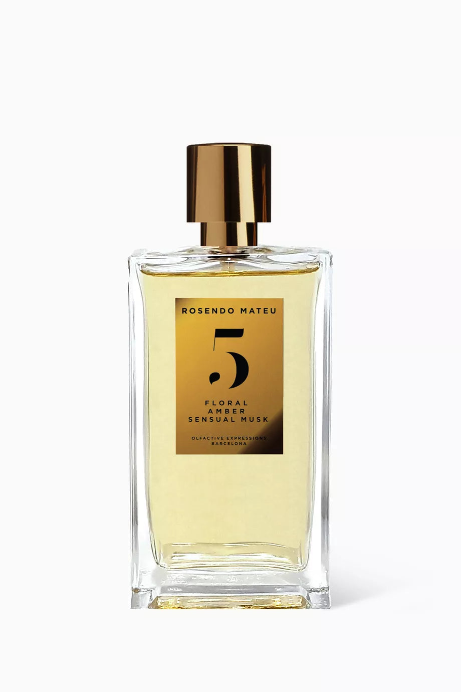Rosendo Mateu No. 5 100ml. Perfume bottle with gold cap and label on a white background