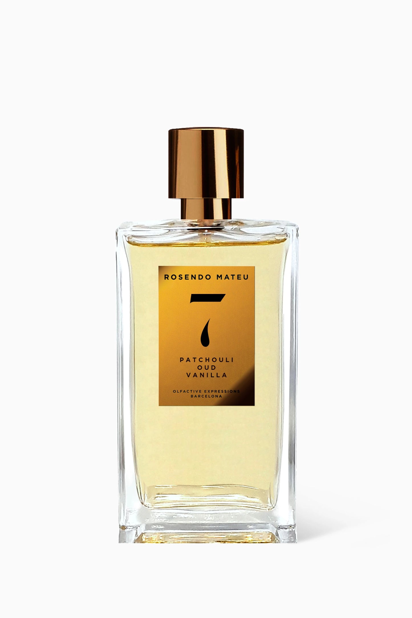 Rosendo Mateu No. 7 100ml. Perfume bottle with gold cap and label on a white background