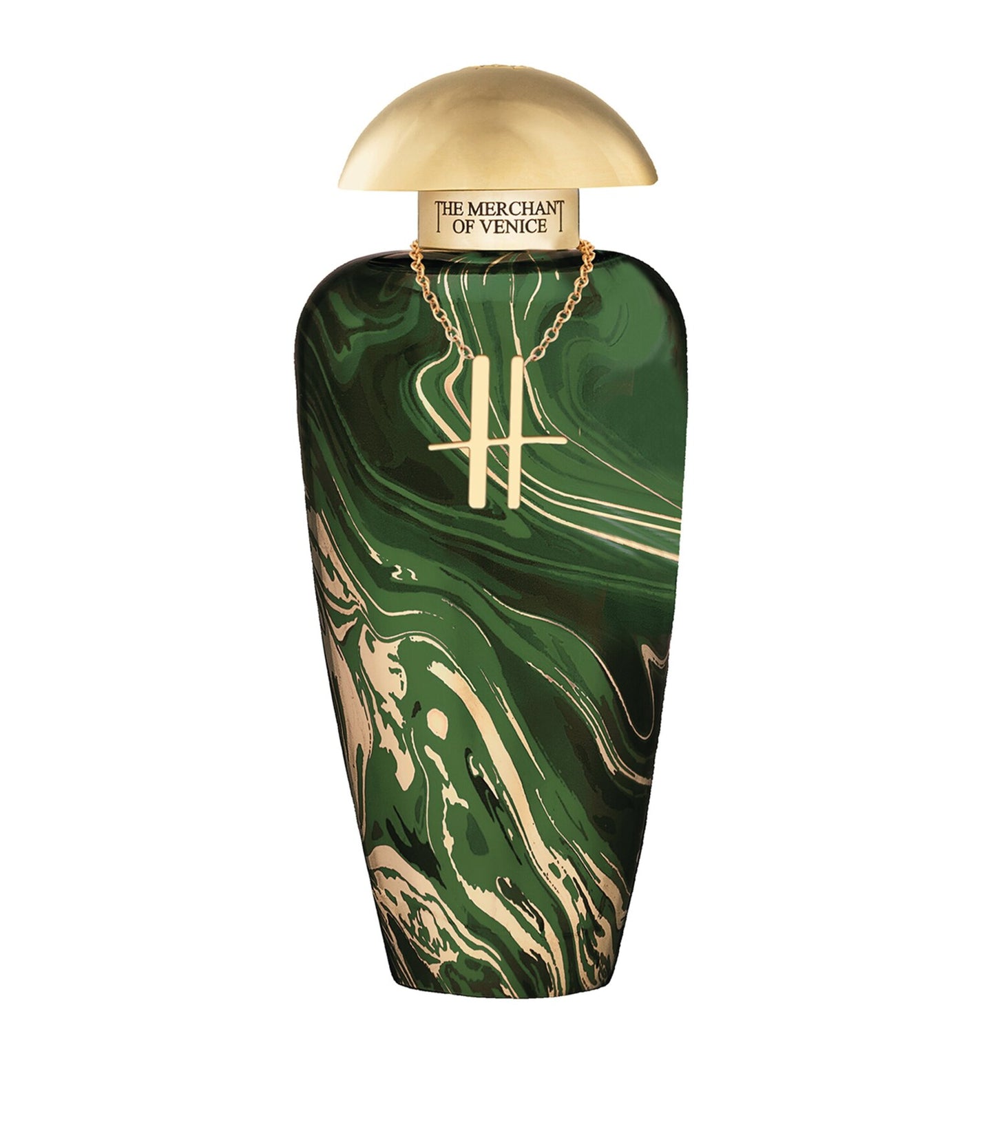 Venetian Jade by The Merchant of Venice Perfume bottle with green marbled design and gold accents on a white background
