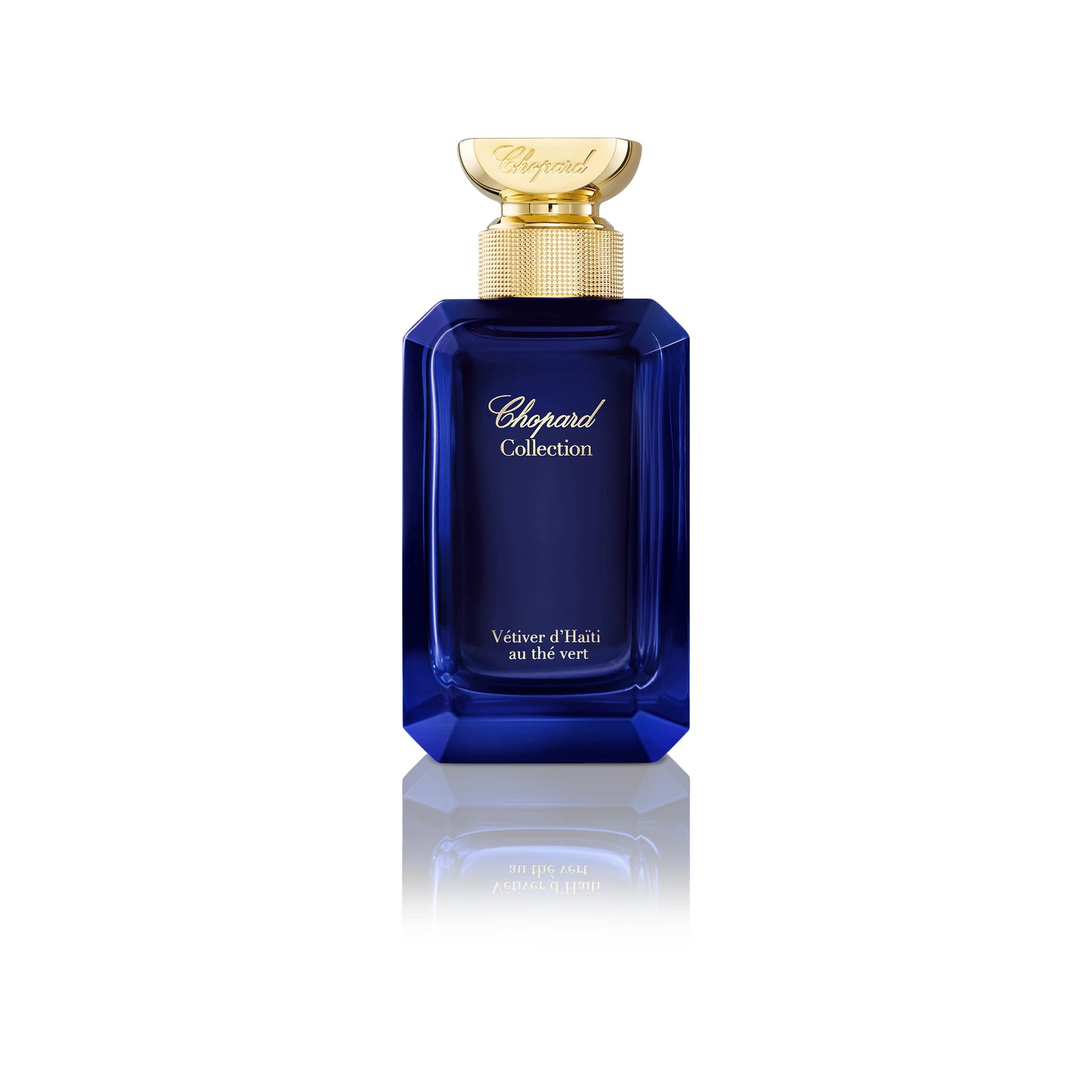Vetiver d'Haïti au Thé Vert by Chopard perfume bottle with blue glass and gold cap on a white background