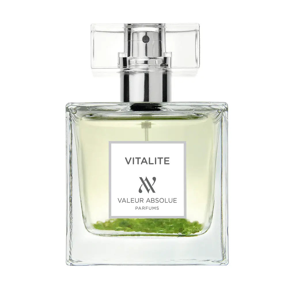 Perfume bottle labeled 'Vitalite' by 'Valeur Absolue Parfums' on a white background