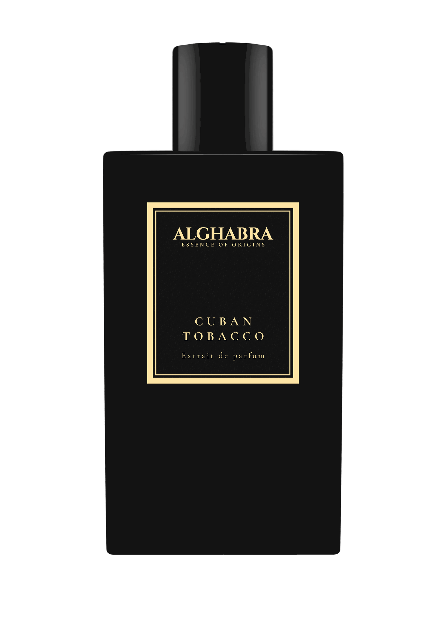A 50ml square glass bottle of Alghabra Cuban Tobacco with a textured white label and heavy silver cap.