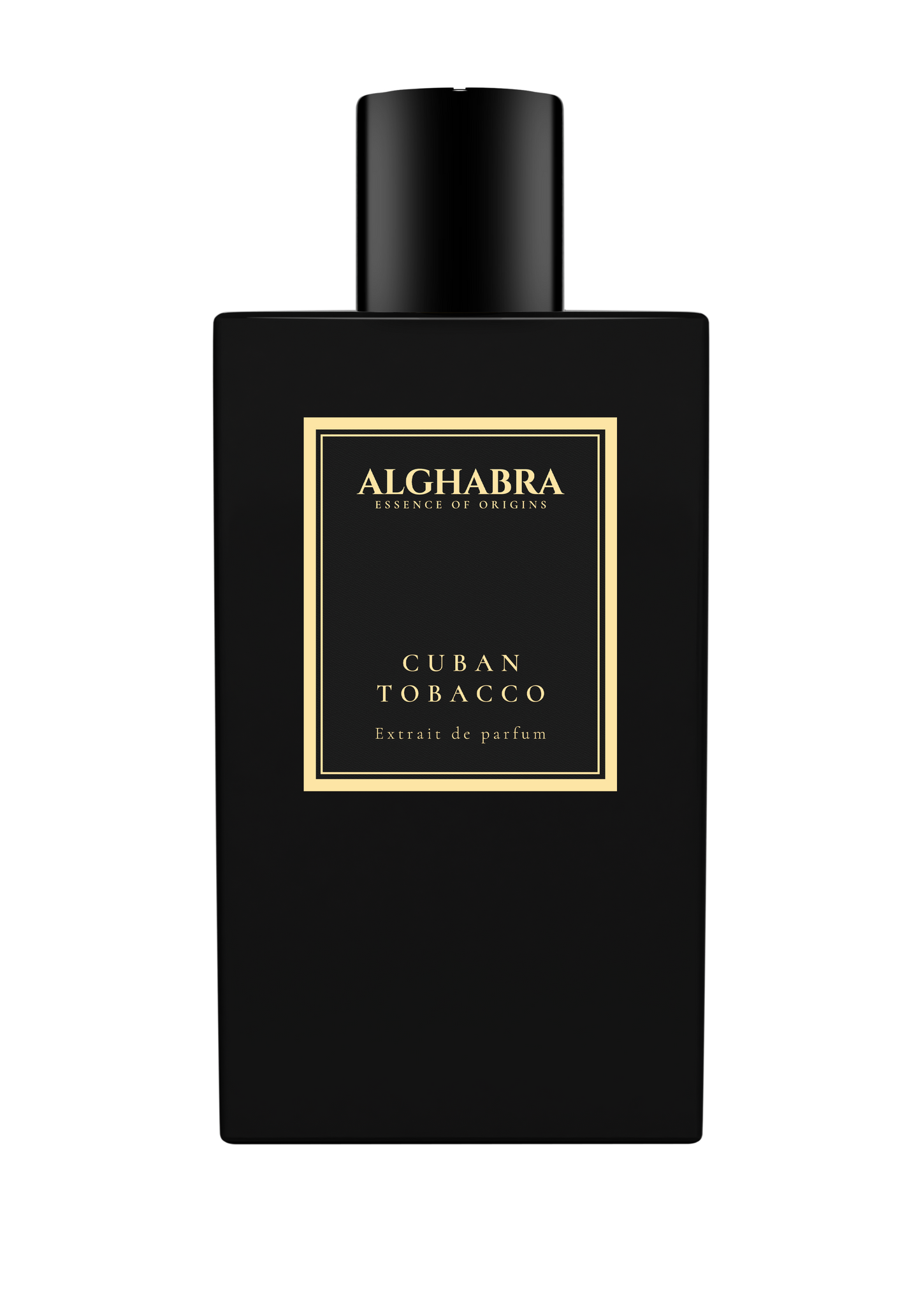 A 50ml square glass bottle of Alghabra Cuban Tobacco with a textured white label and heavy silver cap.