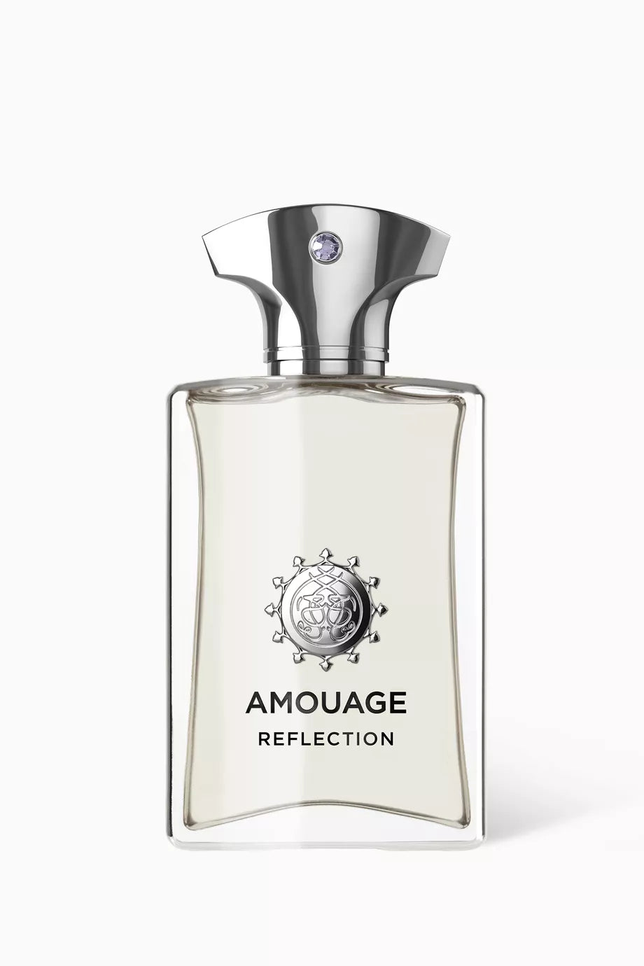 100ml clear rectangular Amouage Reflection Man bottle with a silver dagger-shaped cap and a purple jewel.