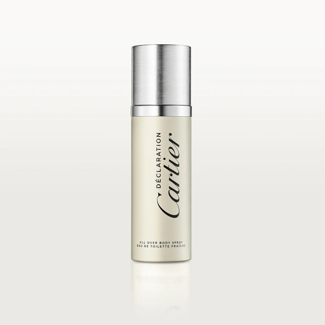 100ml matte cream cylindrical Cartier Déclaration spray bottle with a tall brushed silver cap and black script logo.