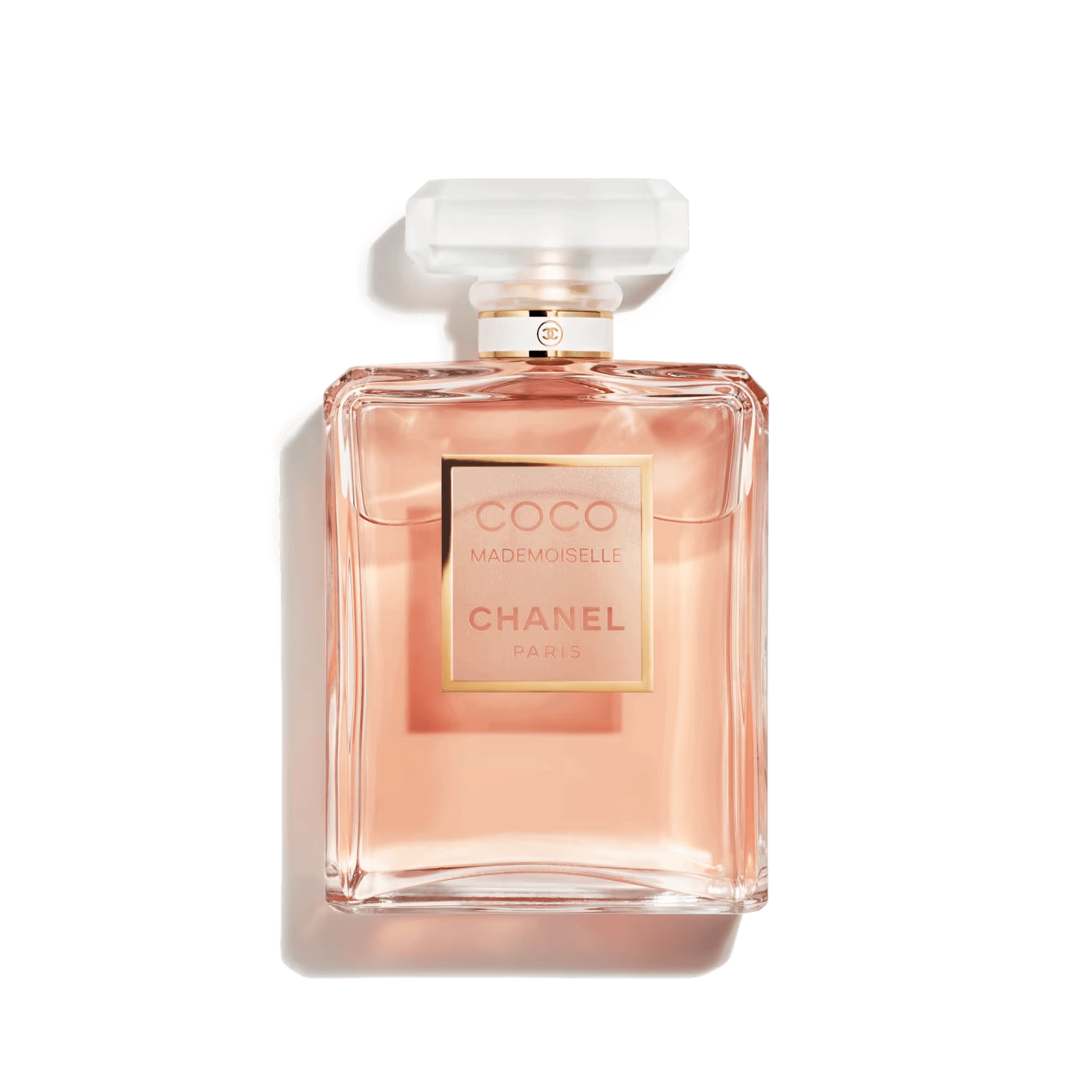 100ml rectangular clear glass Chanel bottle with peach liquid, a white and gold label, and a frosted cap.