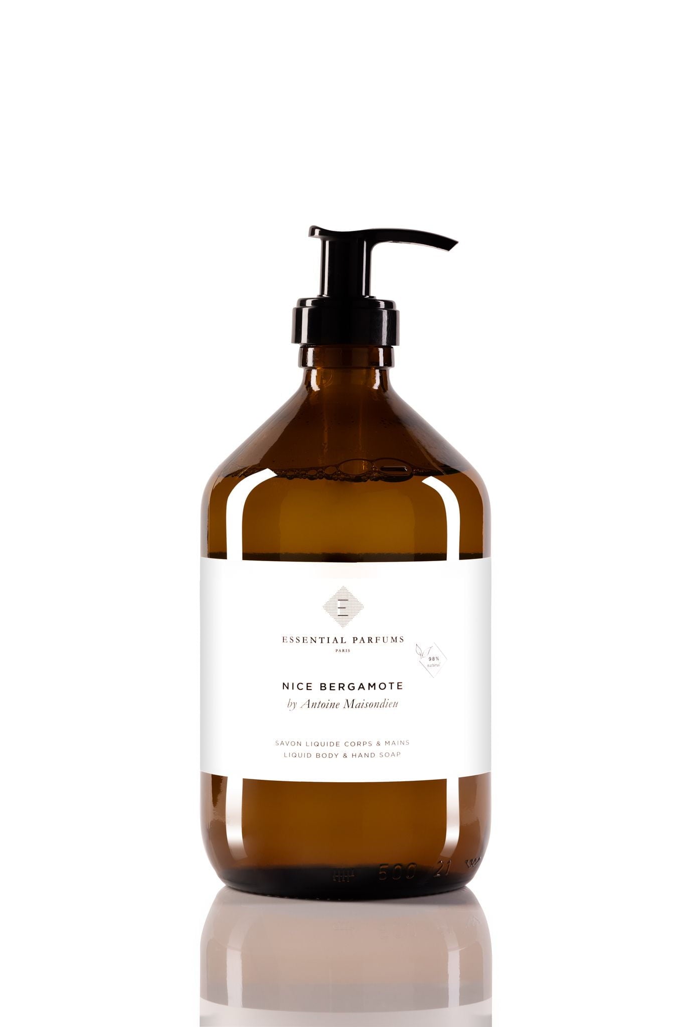 500ml amber glass Essential Parfums Nice Bergamote soap bottle with a black pump and a white label.
