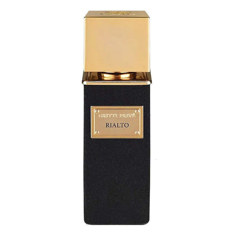100ml black textured rectangular Gritti Rialto bottle with a large gold square cap and gold nameplate.