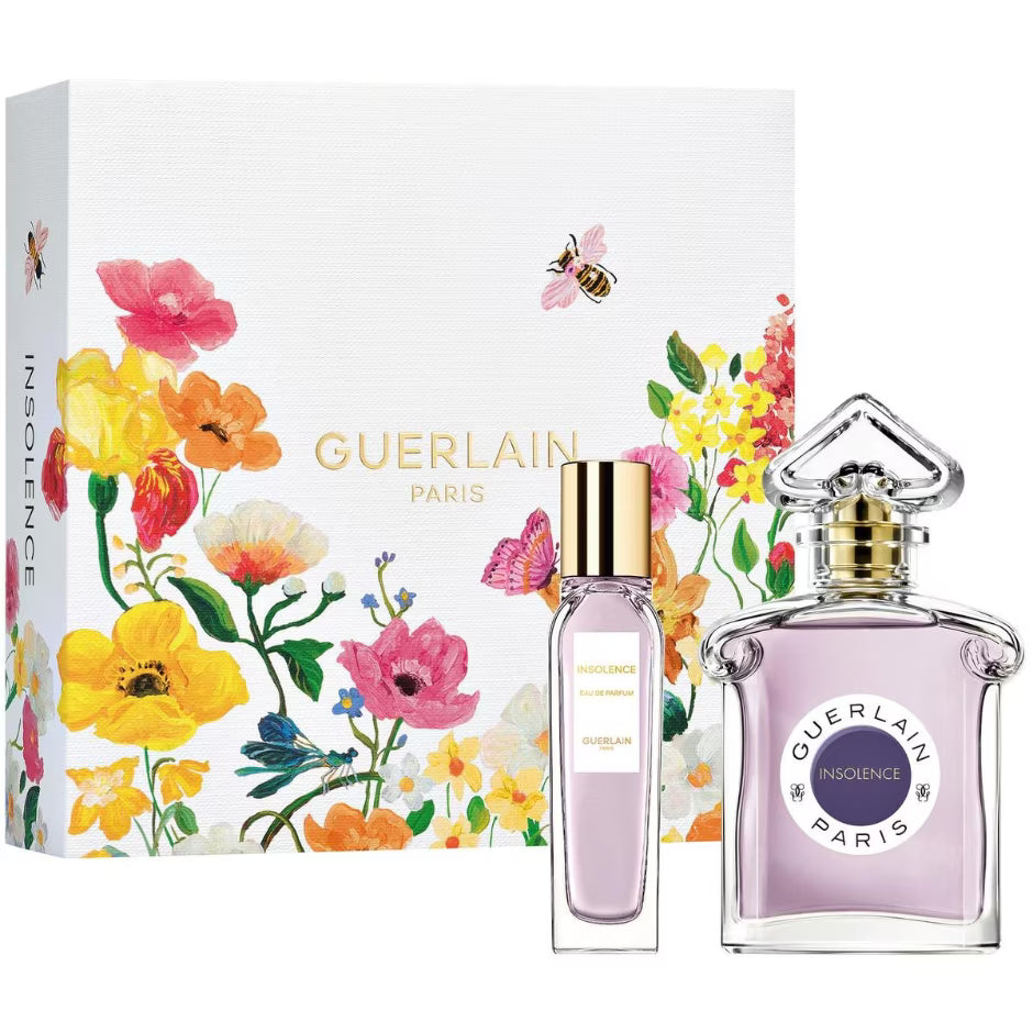 Guerlain gift box containing a 75ml frosted bee-motif bottle and a 15ml slim travel spray.