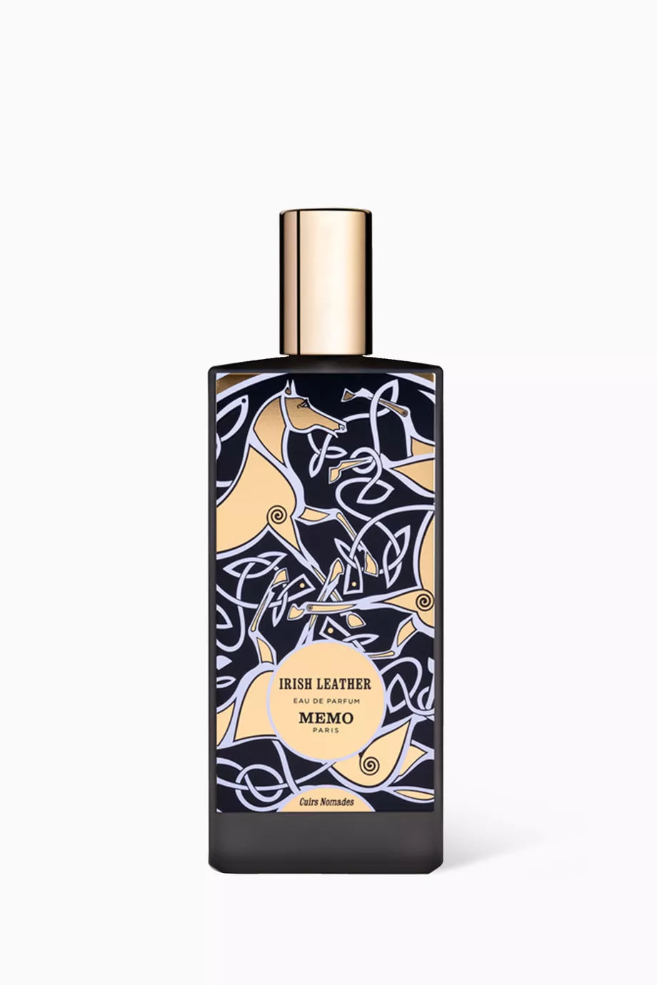 75ml matte black bottle with a gold horse illustration over a blue and white Celtic knot pattern.