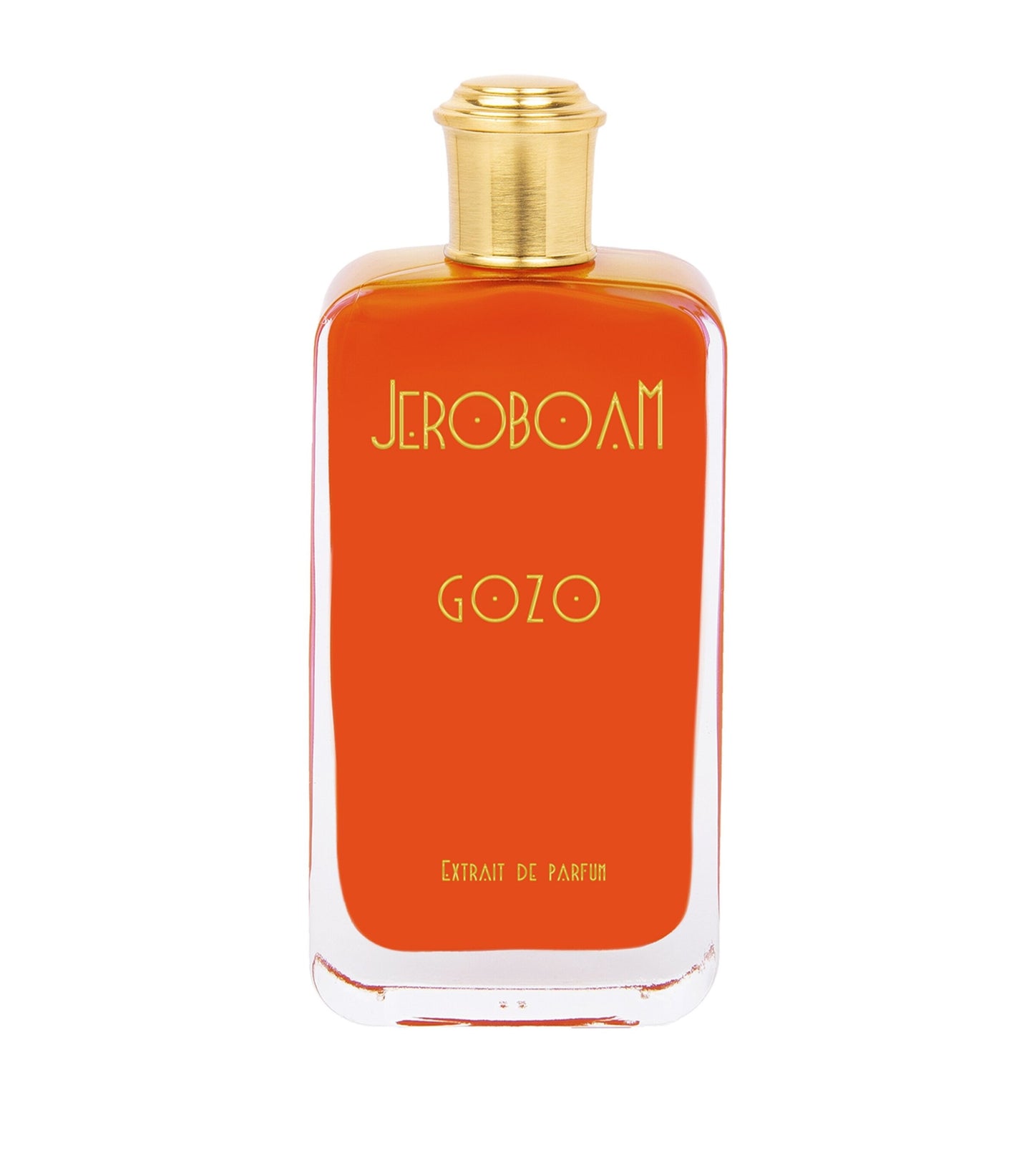 Orange perfume bottle with gold cap on a white background