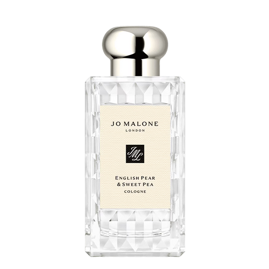 100ml Slender clear Jo Malone English Pear & Sweet Pea bottle with a silver cap and a cream textured label.
