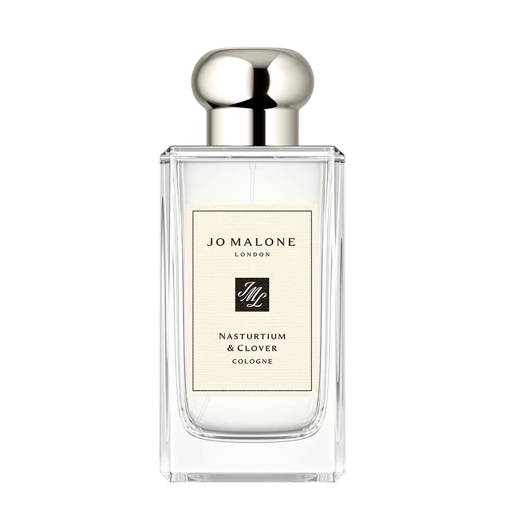 100ml clear glass Jo Malone London Nasturtium & Clover Cologne bottle with a silver cap and a cream label featuring black text.