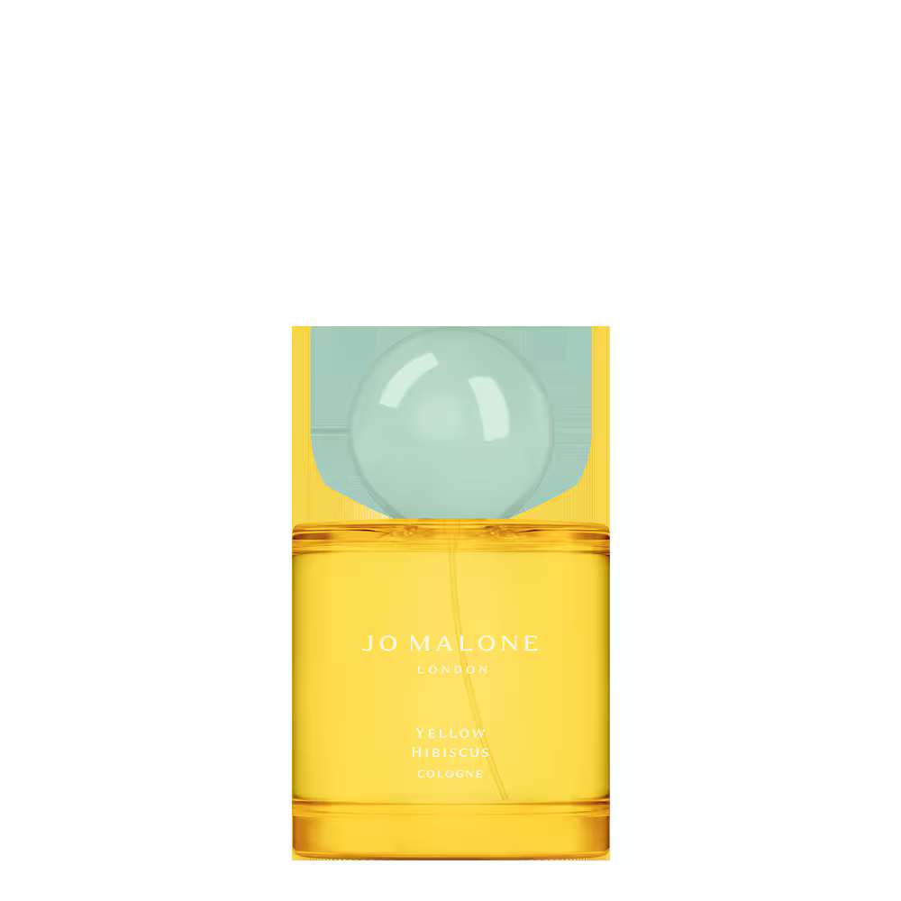 50ml cylindrical yellow Jo Malone Yellow Hibiscus bottle with a large spherical light blue cap.