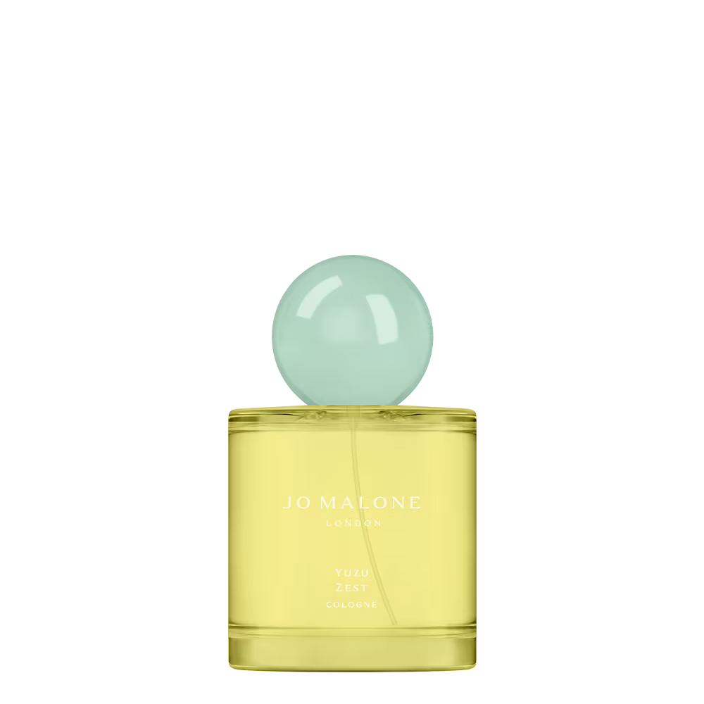 50ml cylindrical Jo Malone Yuzu Zest bottle with a large spherical light yellow cap and white text.