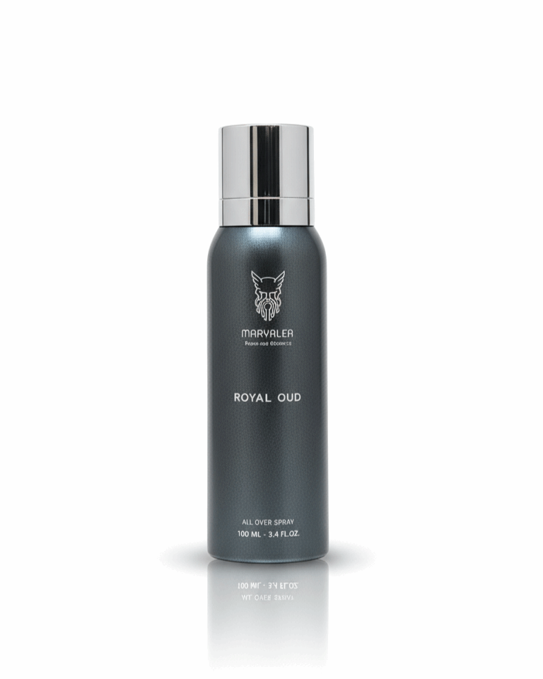 A 100ml matte black aerosol bottle of Marvalea Royal Oud All Over Spray from the Middle East, featuring a silver brand logo and silver cap. Smells like Oud Maracuja by Maison Crivell