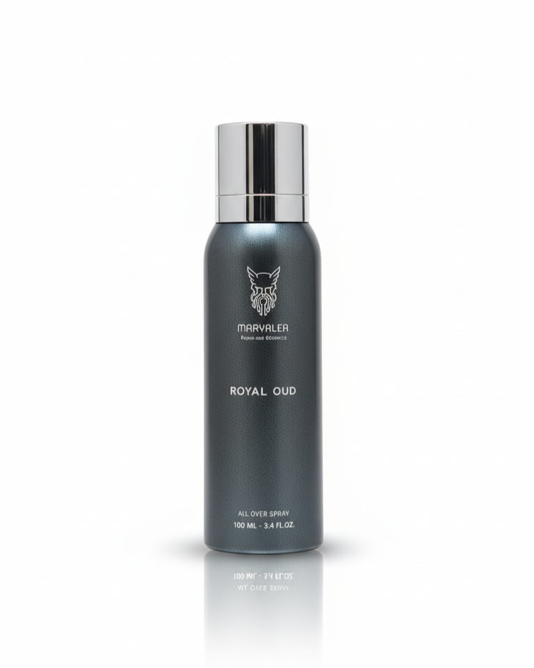 A 100ml matte black aerosol bottle of Marvalea Royal Oud All Over Spray from the Middle East, featuring a silver brand logo and silver cap. Smells like Oud Maracuja by Maison Crivell