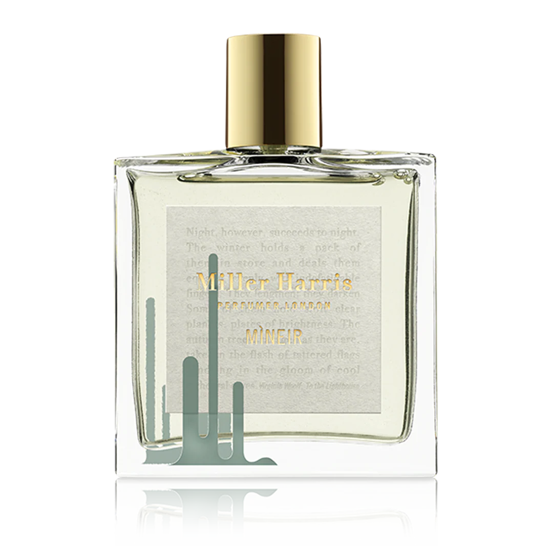 100ml clear square Miller Harris Mìneir bottle with a gold cap and white label featuring sage green graphics.