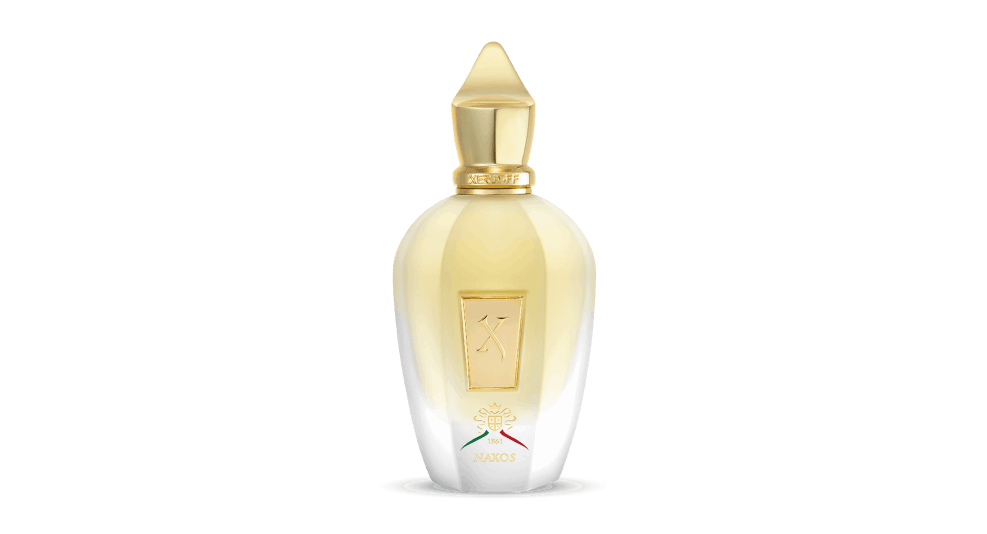 100ml frosted glass bottle with yellow liquid, a gold "X" plaque, and a pointed gold crown cap.