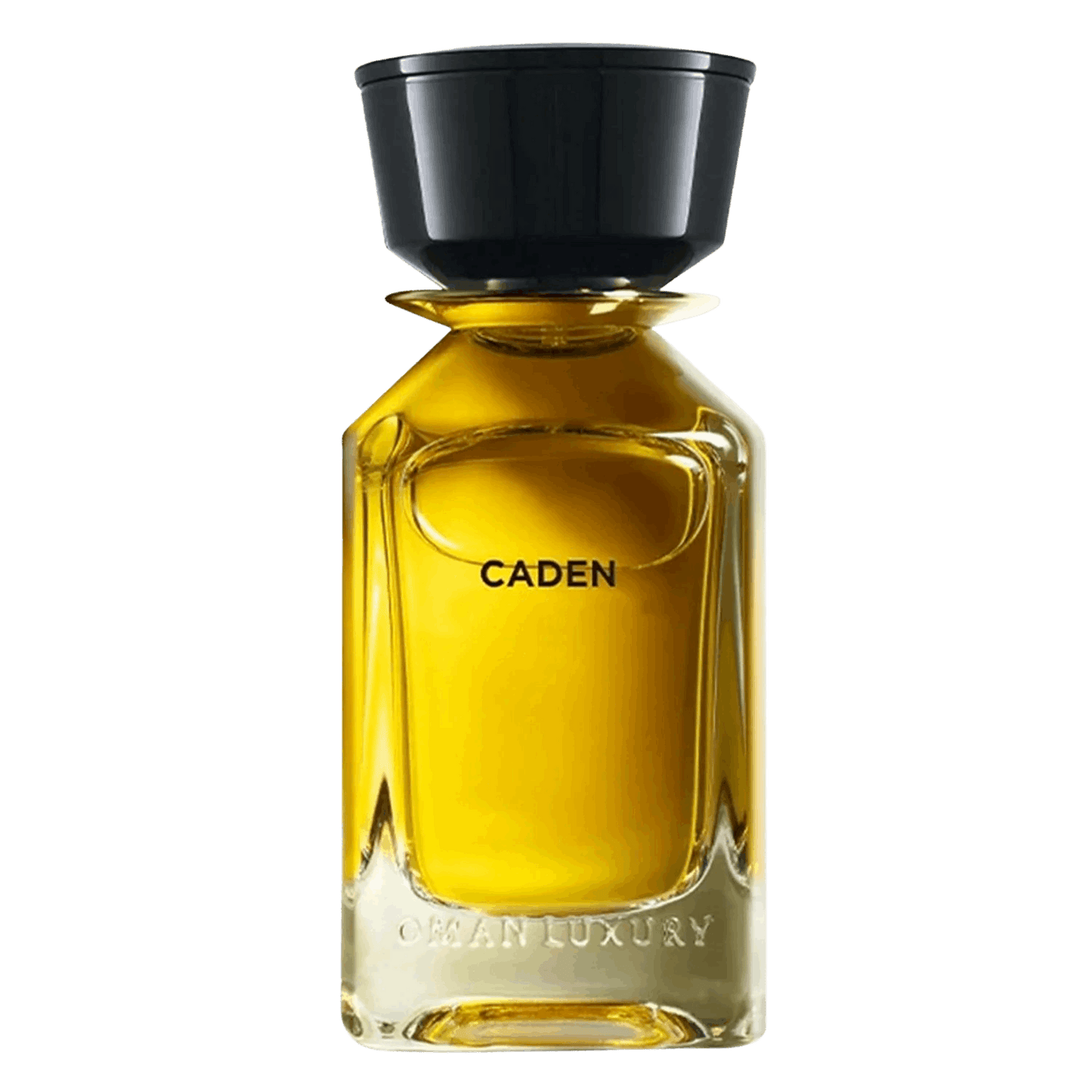 100ml clear glass bottle with amber liquid, a large black cylindrical cap, and "CADEN" printed in black.