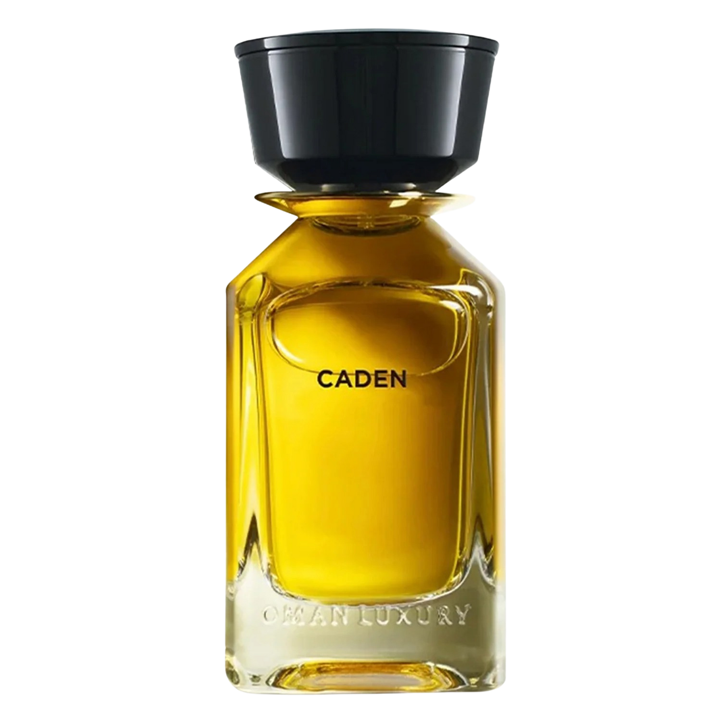 100ml clear glass bottle with amber liquid, a large black cylindrical cap, and "CADEN" printed in black.