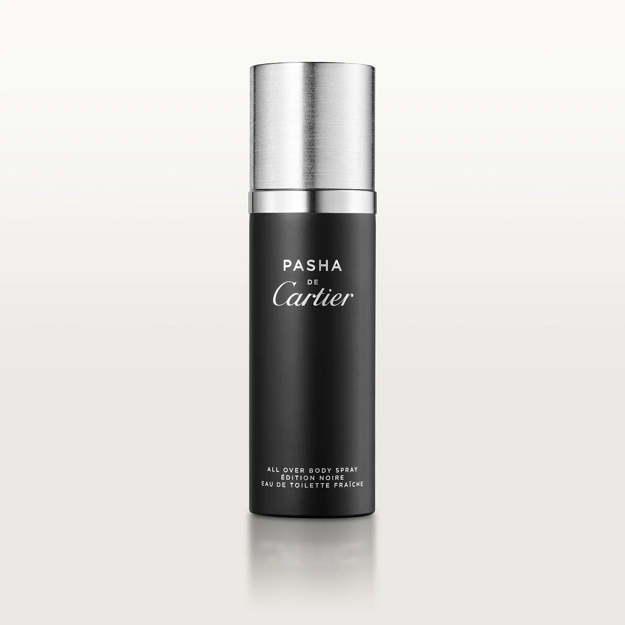 100ml matte black cylindrical Pasha de Cartier spray bottle with a tall silver cap and white script logo.