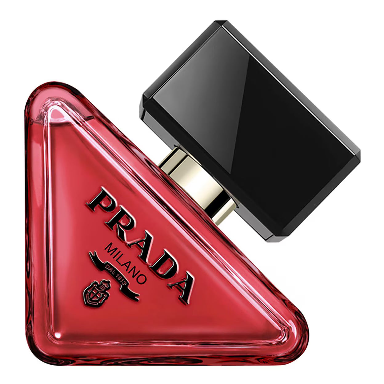 90ml triangular Prada Paradoxe Radical Essence glass bottle with black cap and black logo on gold liquid.