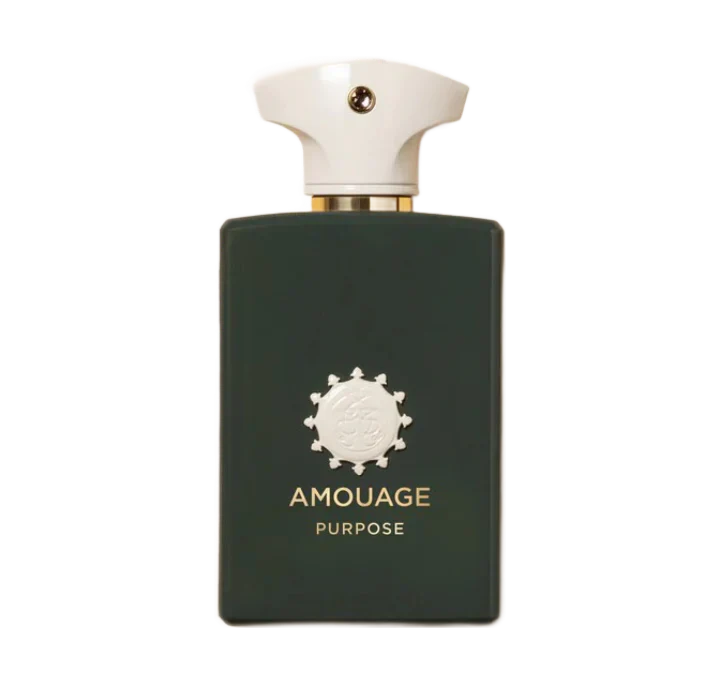 100ml matte dark green rectangular Amouage bottle with a white sun-shaped emblem and a white khanjar-inspired cap.
