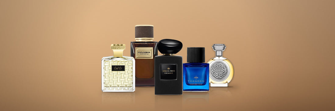 Five oud perfumes from Diffuze: Houbigant Oud Or, Dolce & Gabbana Velvet Desert Oud, Armani Privé Cuir Majesté, Thameen Carved Oud and Boadicea the Victorious Complex