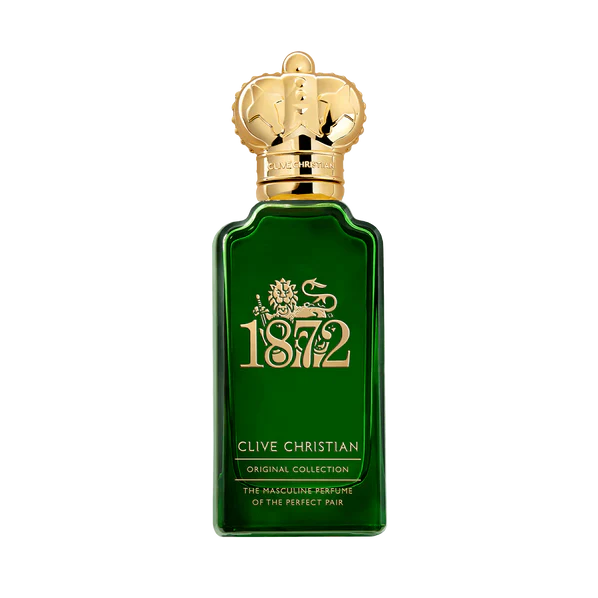 A green bottle of Clive Christian 1872 Masculine perfume with a gold cap and branding details.