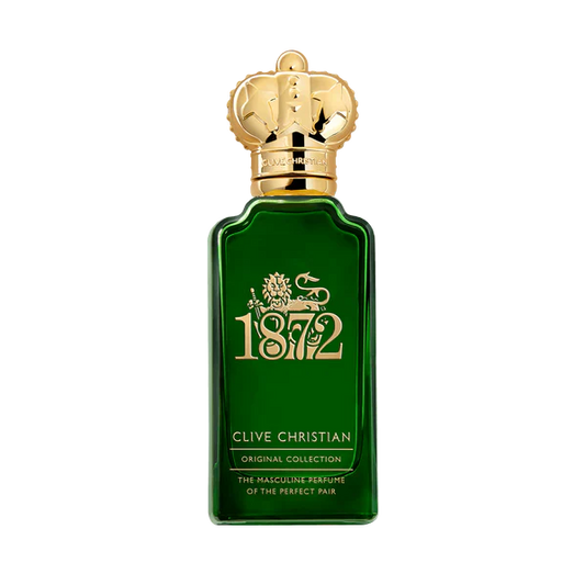 A green bottle of Clive Christian 1872 Masculine perfume with a gold cap and branding details.