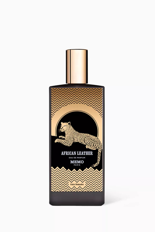 A African Leather by Memo Paris 75ml fragrance bottle with a black label featuring gold and white text, and an image of a leopard.