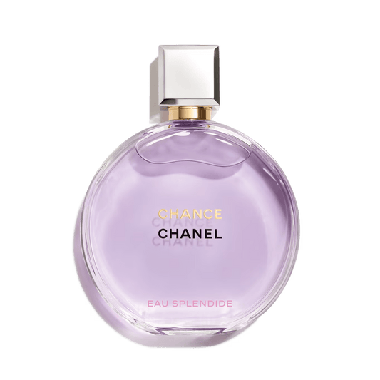 A bottle of Chance Eau Splendide perfume by Chanel with a clear purple liquid visible and the brand name displayed on the label.