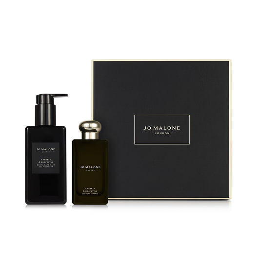 Cypress & Grapevine Duo Gift Set by Jo Malone London with black bottles and packaging on a white background