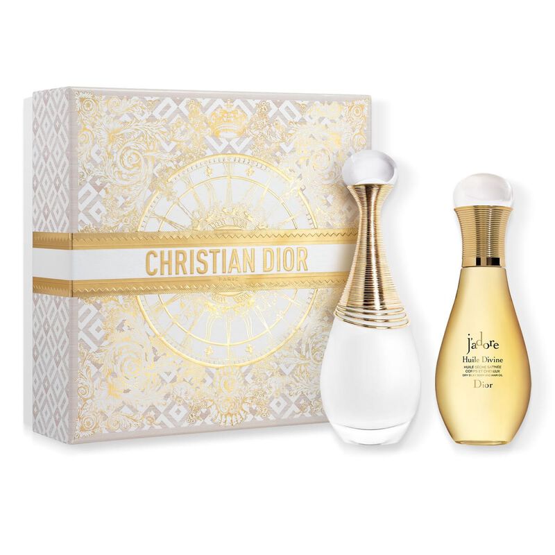 Dior J’adore Gift Set, Christian Dior perfume set with two bottles and a decorative box on a white background