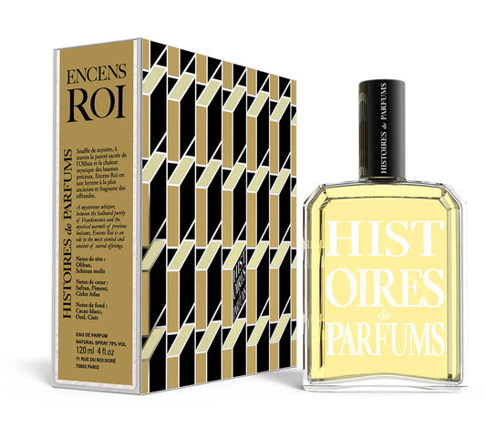 Perfume bottle and packaging of Histoires de Parfums with geometric design, the perfume is called Encens Roi