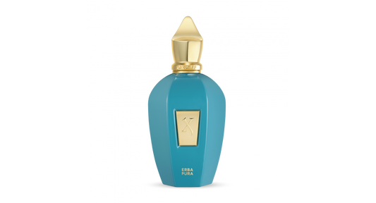 A turquoise bottle of Erba Pura fragrance by Xerjoff 100ml with a golden cap.