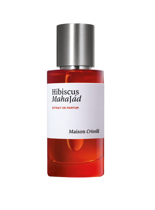 Perfume bottle labeled 'Hibiscus Mahajad' by Maison Crivelli on a white background
