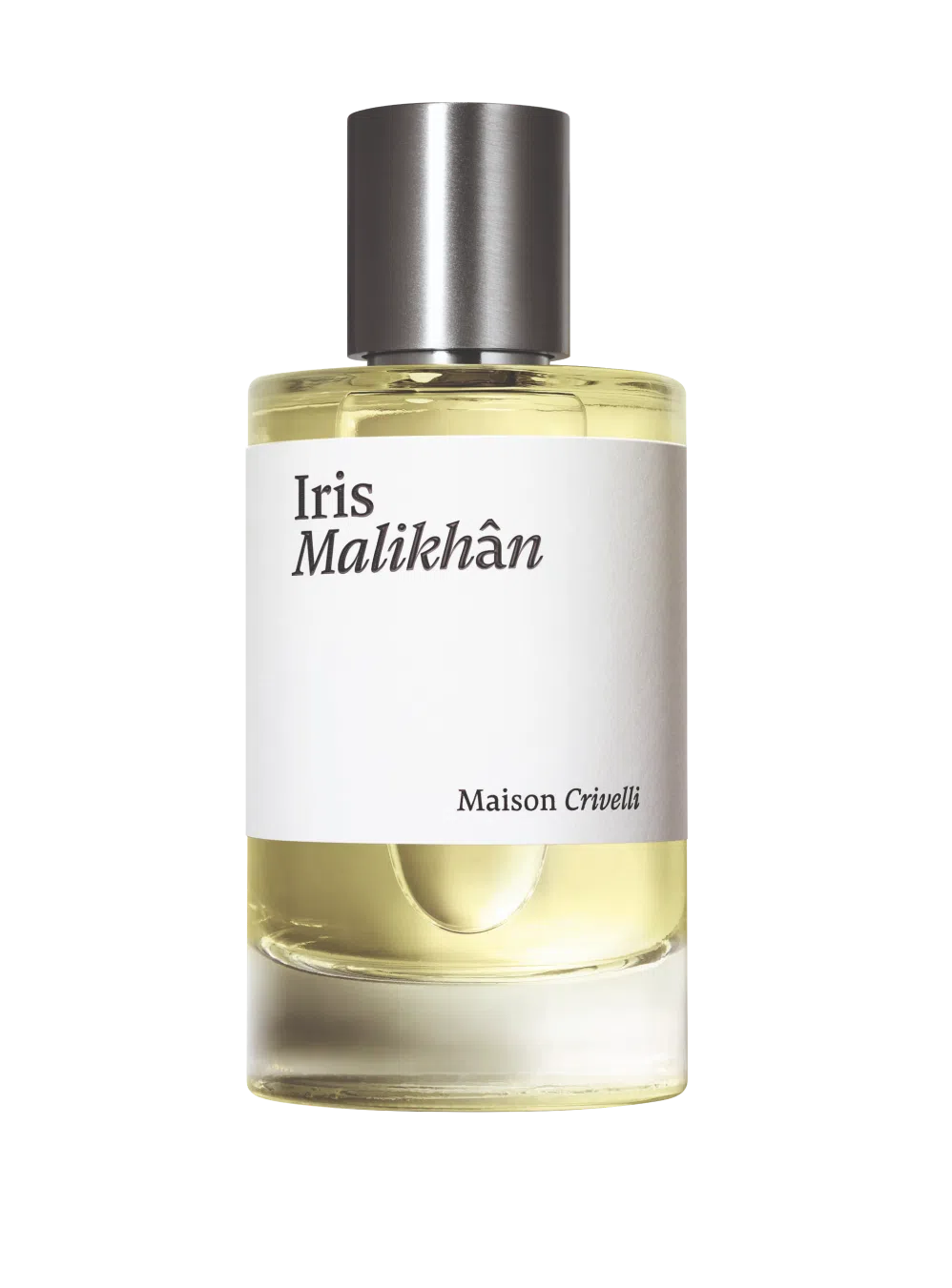 Perfume bottle labeled 'Iris Malikhán' by Maison Crivelli on a white background