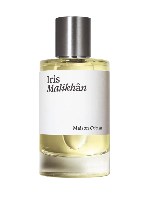 Perfume bottle labeled 'Iris Malikhán' by Maison Crivelli on a white background